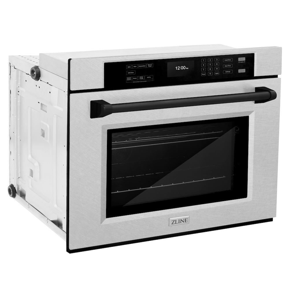 ZLINE Autograph Edition 30 in. Professional True Convection Single Wall Oven with Air Fry and Self Clean in DuraSnow® Stainless Steel with Matte Black Handle (WASSZ-30-MB) side, oven closed.