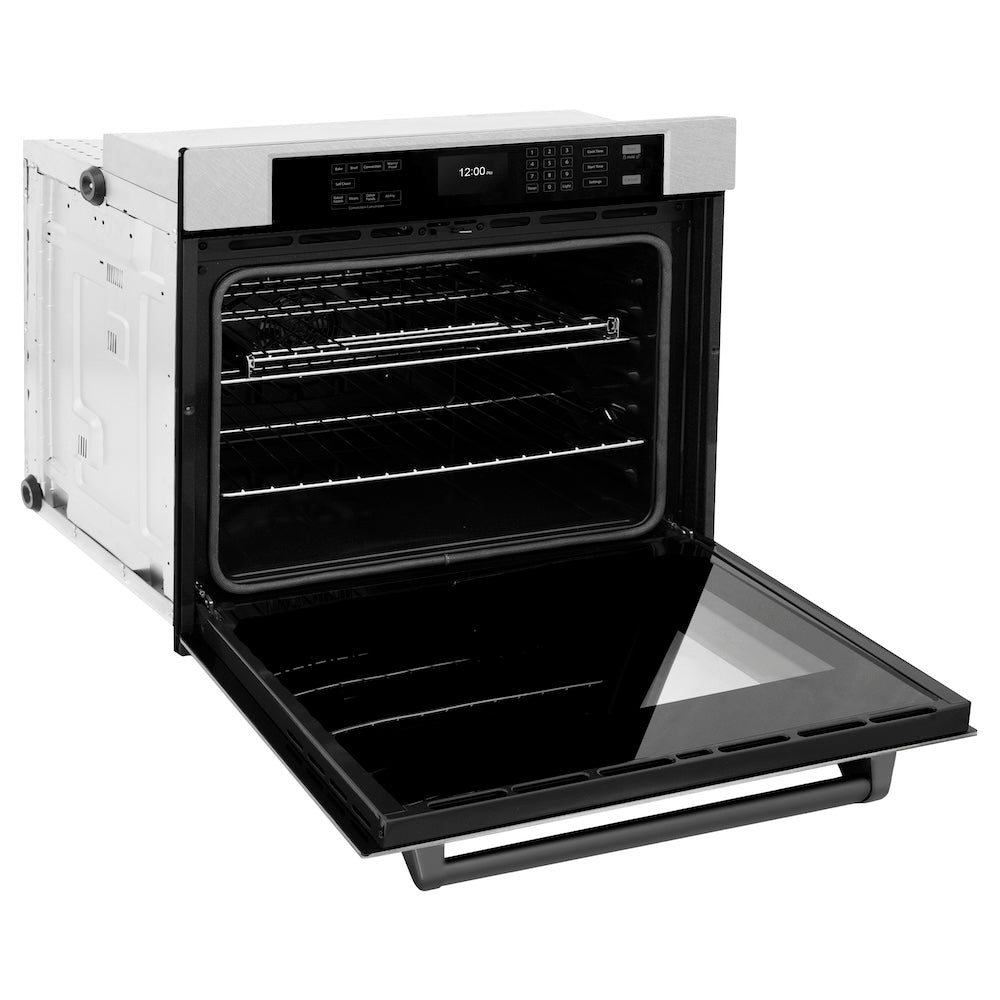 ZLINE Autograph Edition 30 in. Professional True Convection Single Wall Oven with Air Fry and Self Clean in DuraSnow® Stainless Steel with Matte Black Handle (WASSZ-30-MB) side, oven open.