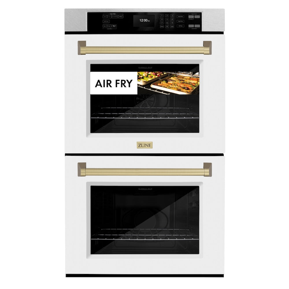 ZLINE Autograph Edition 30 in. Professional True Convection Double Wall Oven with Air Fry and Self Clean in DuraSnow® Stainless Steel with White Matte Doors and Champagne Bronze Handles (WADSZ-WM-30-CB) front, oven closed with food inside. Text: "Air Fry"