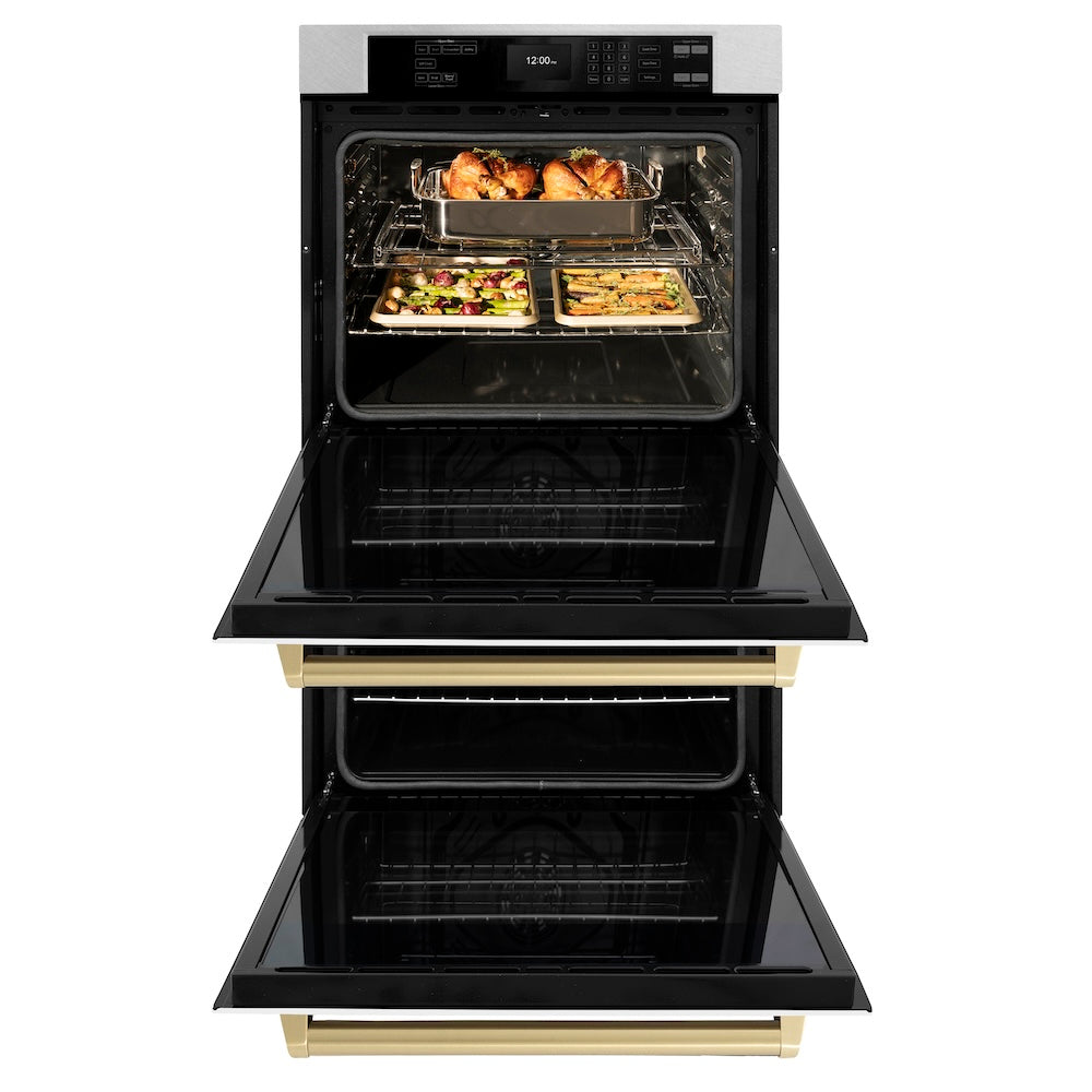 ZLINE Autograph Edition 30 in. Professional True Convection Double Wall Oven with Air Fry and Self Clean in DuraSnow® Stainless Steel with White Matte Doors and Champagne Bronze Handles (WADSZ-WM-30-CB) front, oven open.