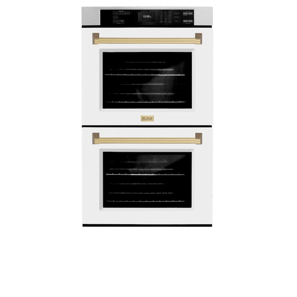 ZLINE Autograph Edition 30 in. Professional True Convection Double Wall Oven with Air Fry and Self Clean in DuraSnow® Stainless Steel with White Matte Doors and Champagne Bronze Handles (WADSZ-WM-30-CB) front, closed.