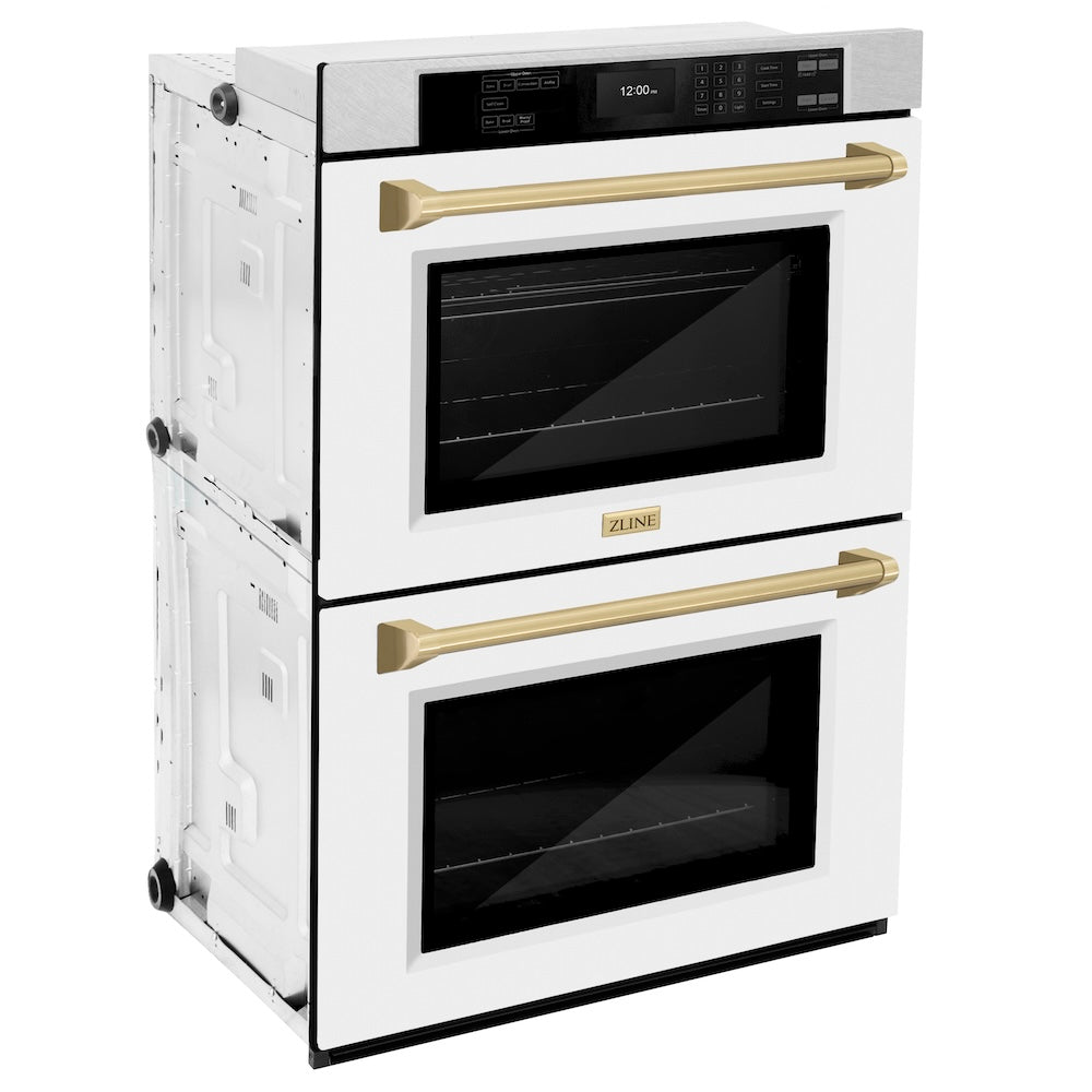 ZLINE Autograph Edition 30 in. Professional True Convection Double Wall Oven with Air Fry and Self Clean in DuraSnow® Stainless Steel with White Matte Doors and Champagne Bronze Handles (WADSZ-WM-30-CB) side, oven closed.