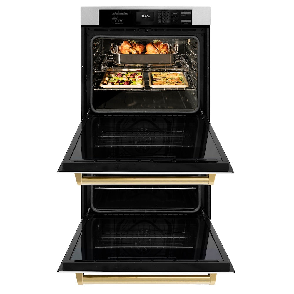 ZLINE Autograph Edition 30 in. Professional True Convection Double Wall Oven with Air Fry and Self Clean in DuraSnow® Stainless Steel with White Matte Doors and Polished Gold Handles (WADSZ-WM-30-G) front, oven open.