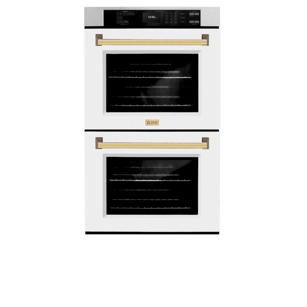 ZLINE Autograph Edition 30 in. Professional True Convection Double Wall Oven with Air Fry and Self Clean in DuraSnow® Stainless Steel with White Matte Doors and Polished Gold Handles (WADSZ-WM-30-G) front, closed.