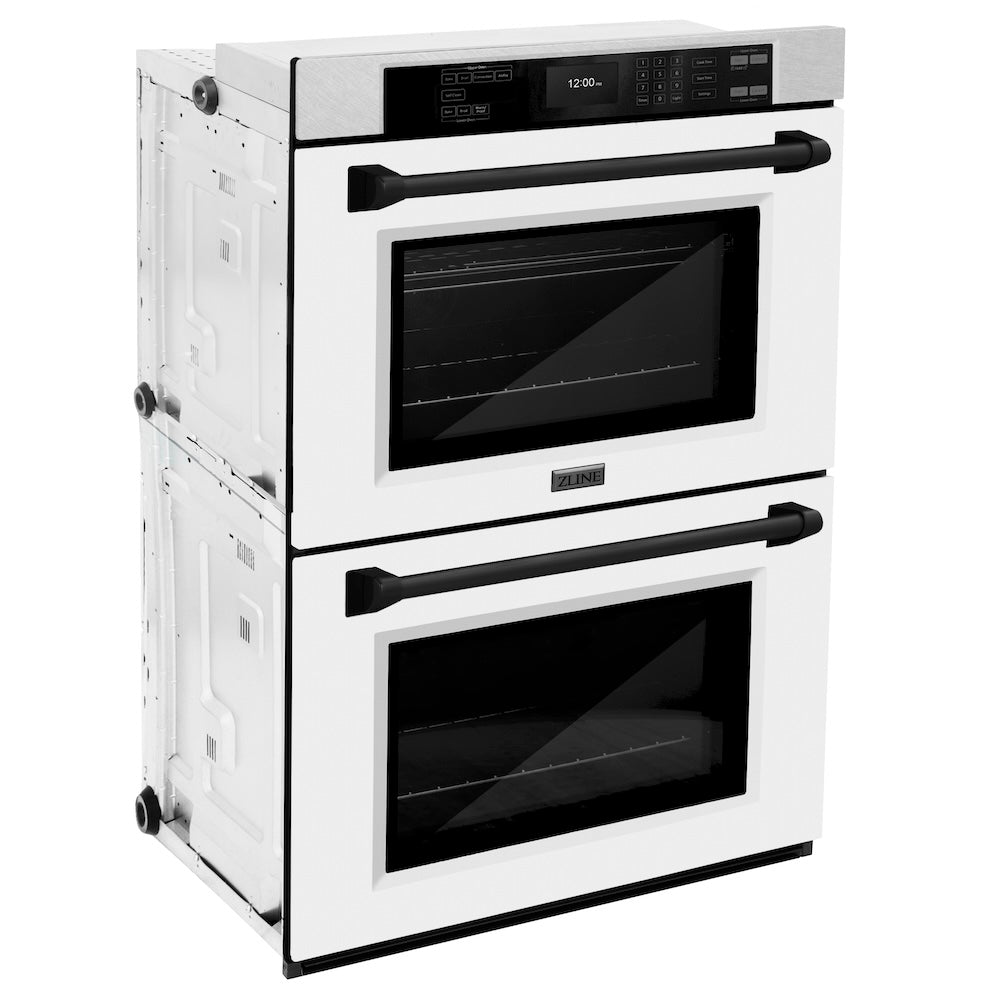 ZLINE Autograph Edition 30 in. Professional True Convection Double Wall Oven with Air Fry and Self Clean in DuraSnow® Stainless Steel with White Matte Doors and Matte Black Handles (WADSZ-WM-30-MB) side, oven closed.