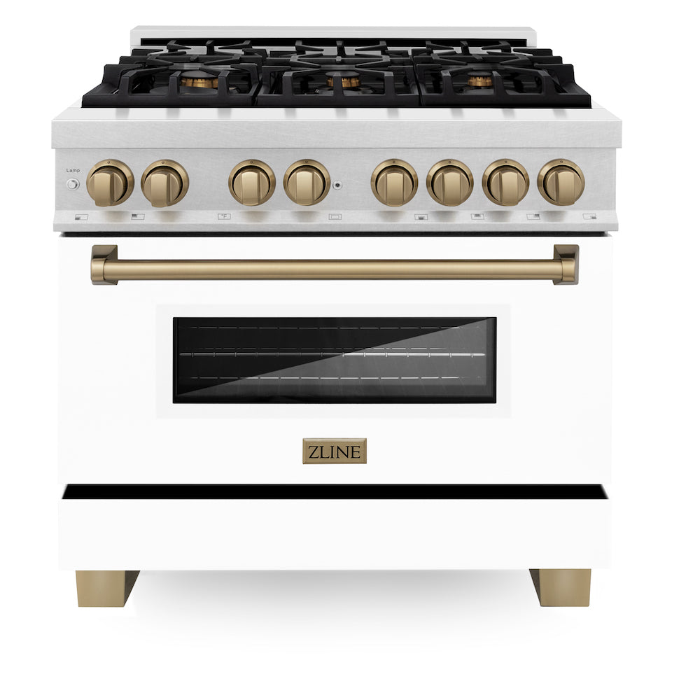 ZLINE Autograph Edition 36 in. 4.6 cu. ft. Dual Fuel Range with Gas Stove and Electric Oven in Fingerprint Resistant Stainless Steel with White Matte Door and Champagne Bronze Accents (RASZ-WM-36-CB) front, oven closed.