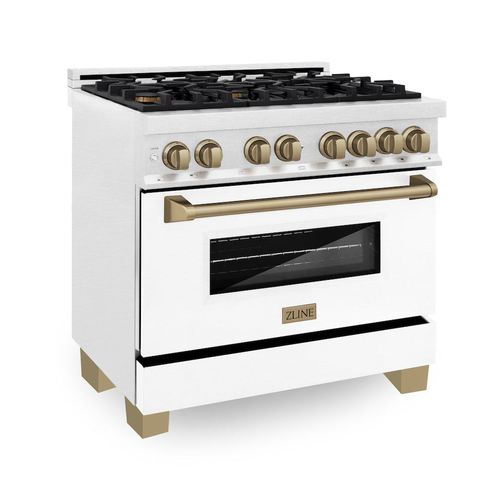 ZLINE Autograph Edition 36" Dual Fuel Range in DuraSnow® Stainless Steel with White Matte Oven Door and Champagne Bronze Accents.