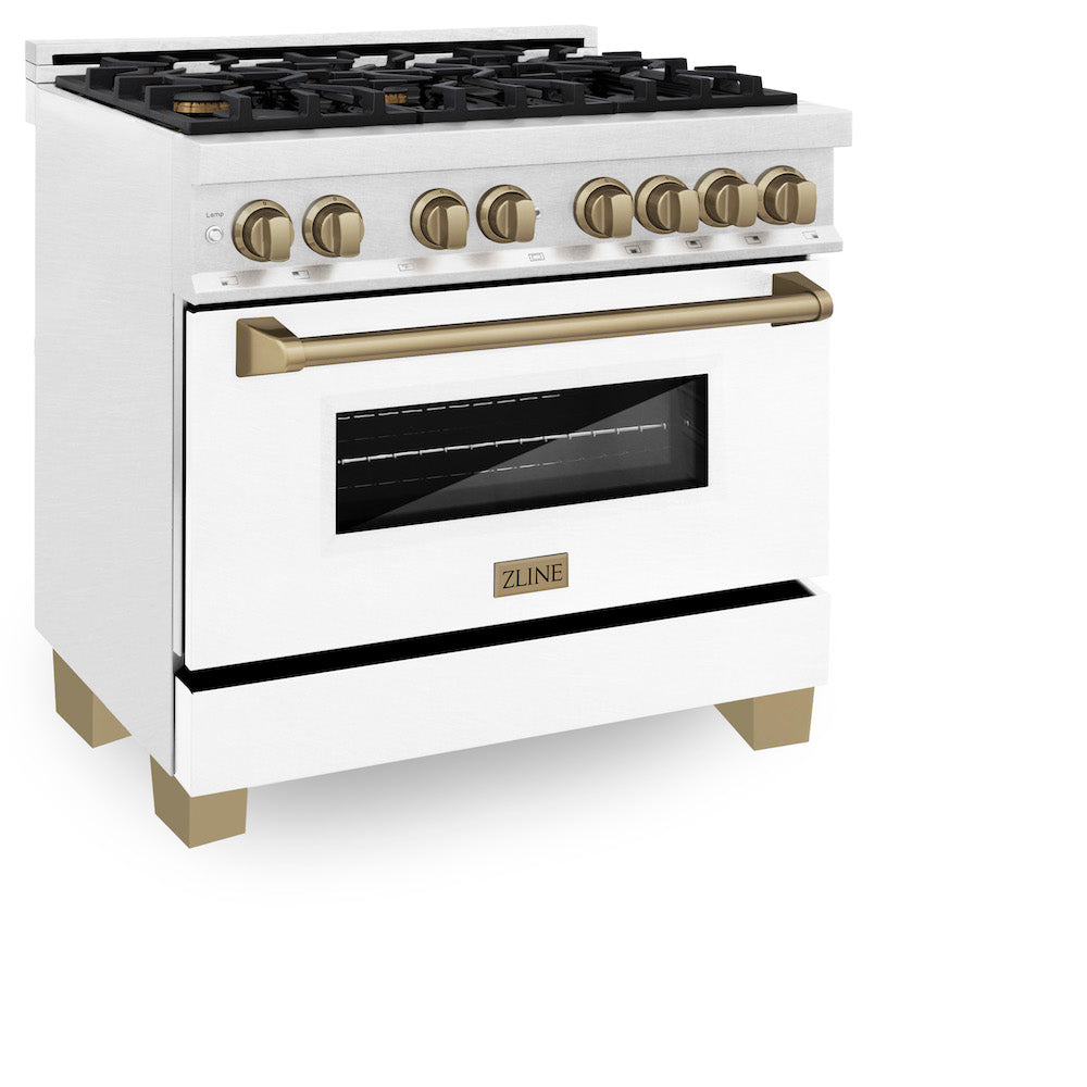 ZLINE Autograph Edition 36 in. 4.6 cu. ft. Dual Fuel Range with Gas Stove and Electric Oven in Fingerprint Resistant Stainless Steel with White Matte Door and Champagne Bronze Accents (RASZ-WM-36-CB) side, oven closed.