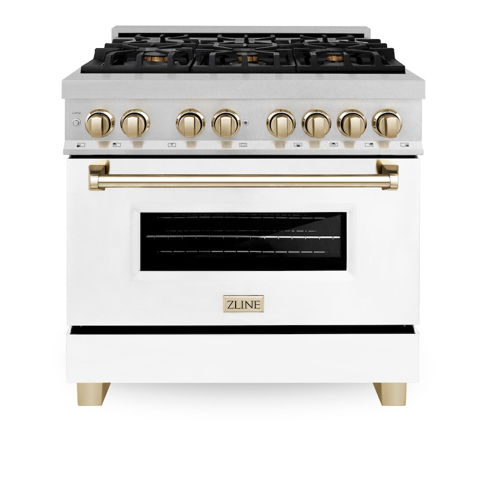 ZLINE Autograph Edition 36 in. 4.6 cu. ft. Dual Fuel Range with Gas Stove and Electric Oven in Fingerprint Resistant Stainless Steel with White Matte Door and Polished Gold Accents (RASZ-WM-36-G) front, oven closed.