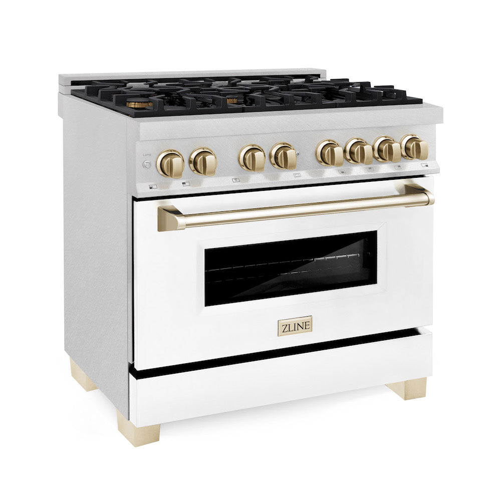 ZLINE Autograph Edition 36" Dual Fuel Range in DuraSnow® Stainless Steel with White Matte Oven Door and Polished Gold Accents.