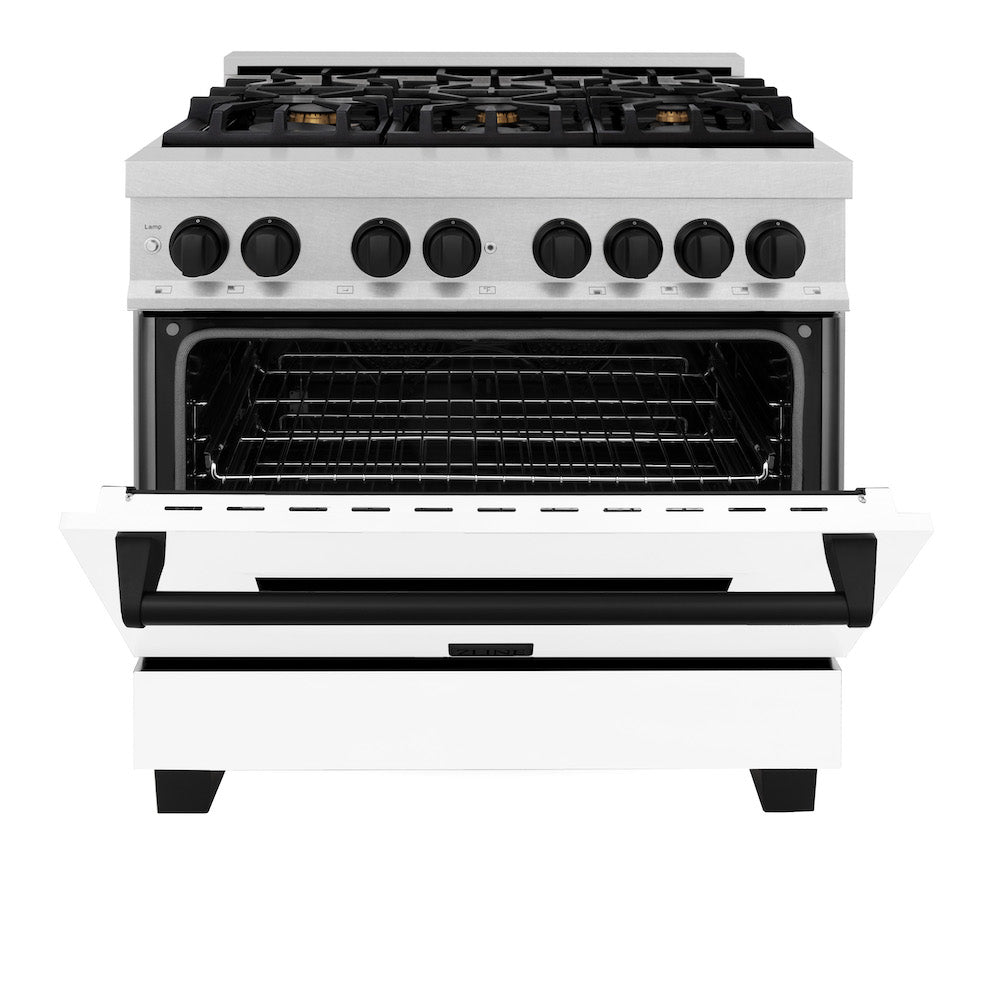 ZLINE Autograph Edition 36 in. 4.6 cu. ft. Dual Fuel Range with Gas Stove and Electric Oven in Fingerprint Resistant Stainless Steel with White Matte Door and Matte Black Accents (RASZ-WM-36-MB) front, oven half open.