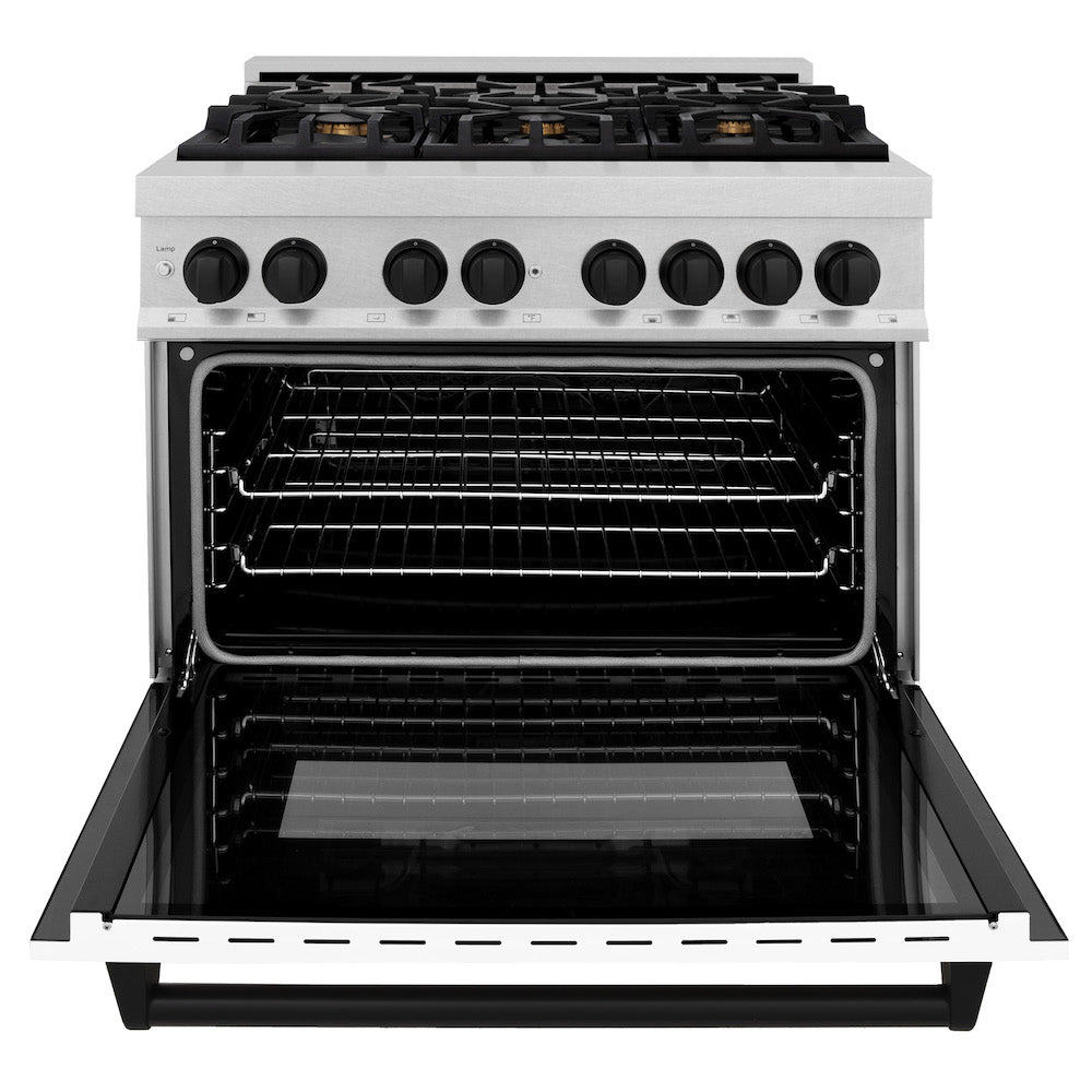 ZLINE Autograph Edition 36 in. 4.6 cu. ft. Dual Fuel Range with Gas Stove and Electric Oven in Fingerprint Resistant Stainless Steel with White Matte Door and Matte Black Accents (RASZ-WM-36-MB) front, oven open.