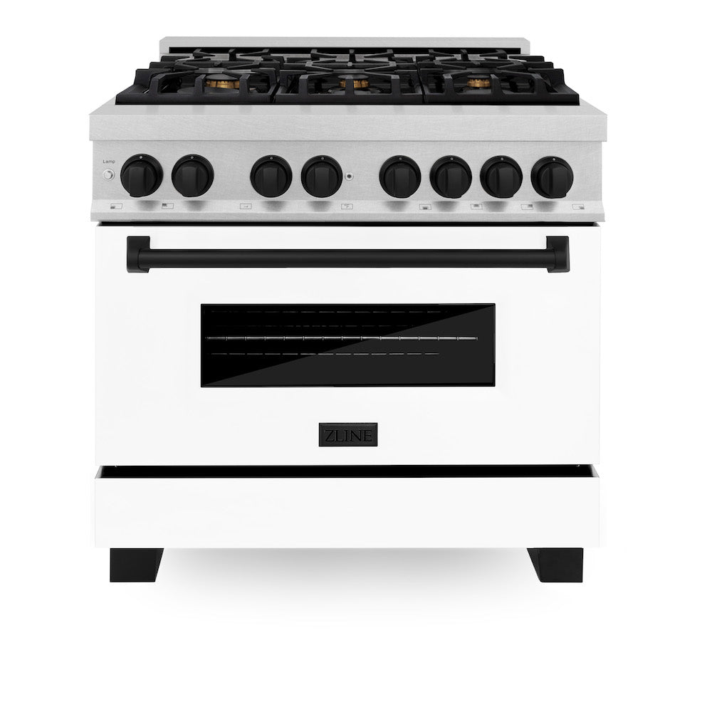 ZLINE Autograph Edition 36 in. 4.6 cu. ft. Dual Fuel Range with Gas Stove and Electric Oven in Fingerprint Resistant Stainless Steel with White Matte Door and Matte Black Accents (RASZ-WM-36-MB) front, oven closed.