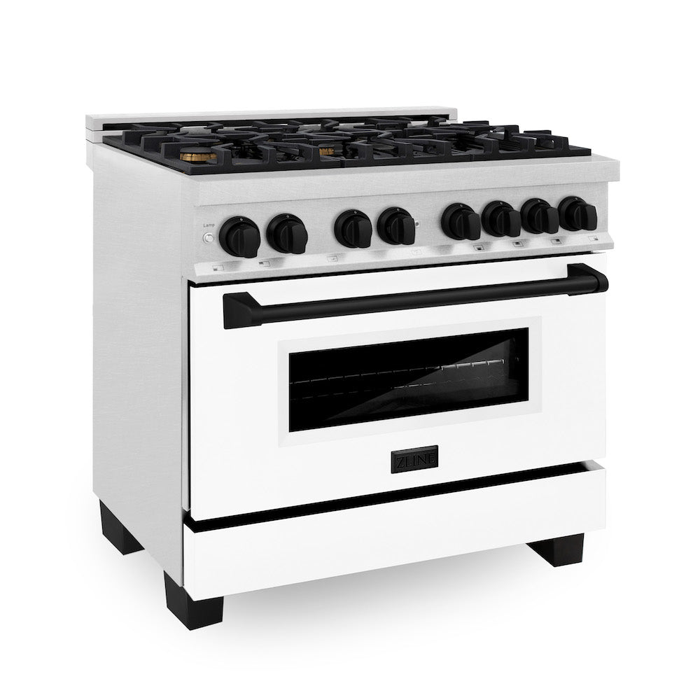 ZLINE Autograph Edition 36" Dual Fuel Range in DuraSnow® Stainless Steel with White Matte Oven Door and Matte Black Accents.