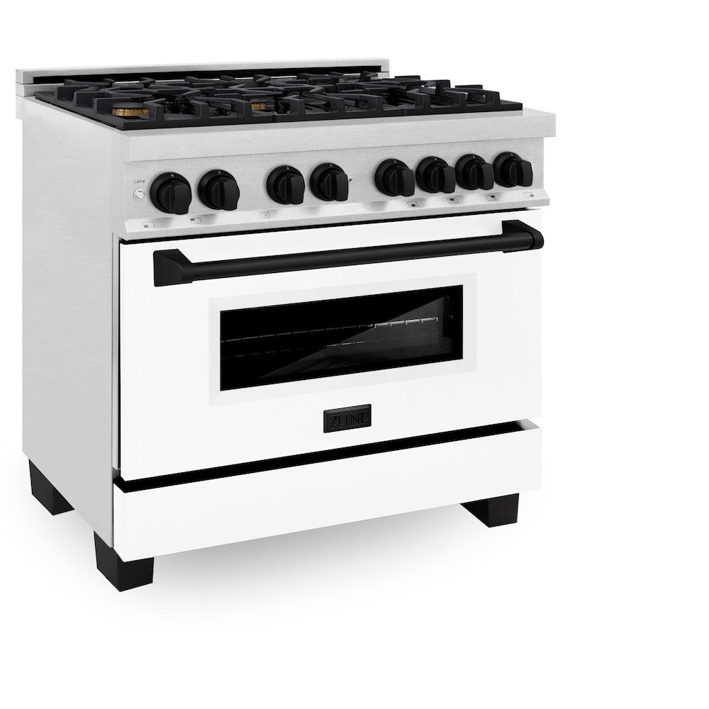 ZLINE Autograph Edition 36 in. 4.6 cu. ft. Dual Fuel Range with Gas Stove and Electric Oven in Fingerprint Resistant Stainless Steel with White Matte Door and Matte Black Accents (RASZ-WM-36-MB) side, oven closed.