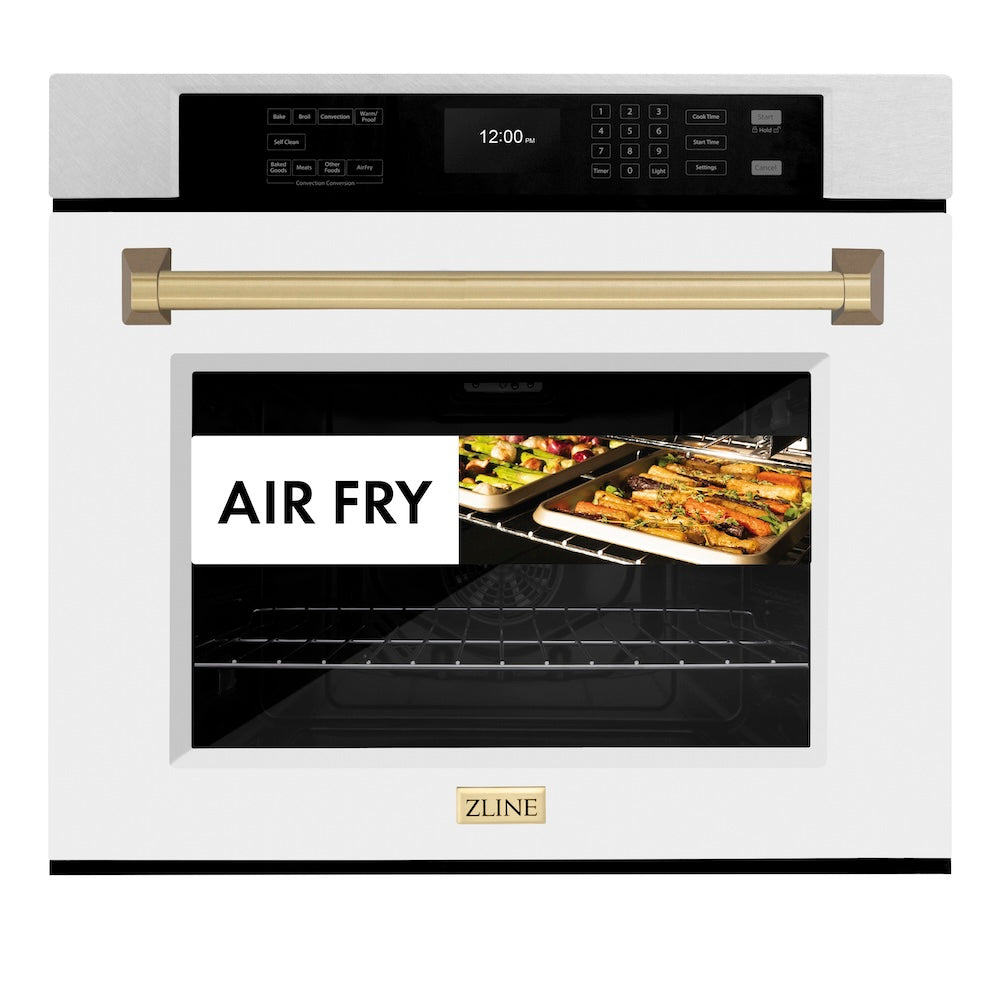 ZLINE Autograph Edition 30 in. Professional True Convection Single Wall Oven with Air Fry and Self Clean in DuraSnow® Stainless Steel with White Matte Door and Champagne Bronze Handle (WASSZ-WM-30-CB) front, with air fry food.