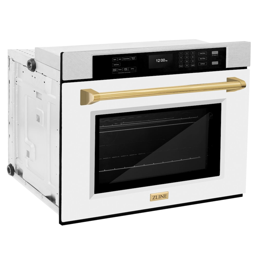 ZLINE Autograph Edition 30 in. Professional True Convection Single Wall Oven with Air Fry and Self Clean in DuraSnow® Stainless Steel with White Matte Door and Polished Gold Handle (WASSZ-WM-30-G) side.