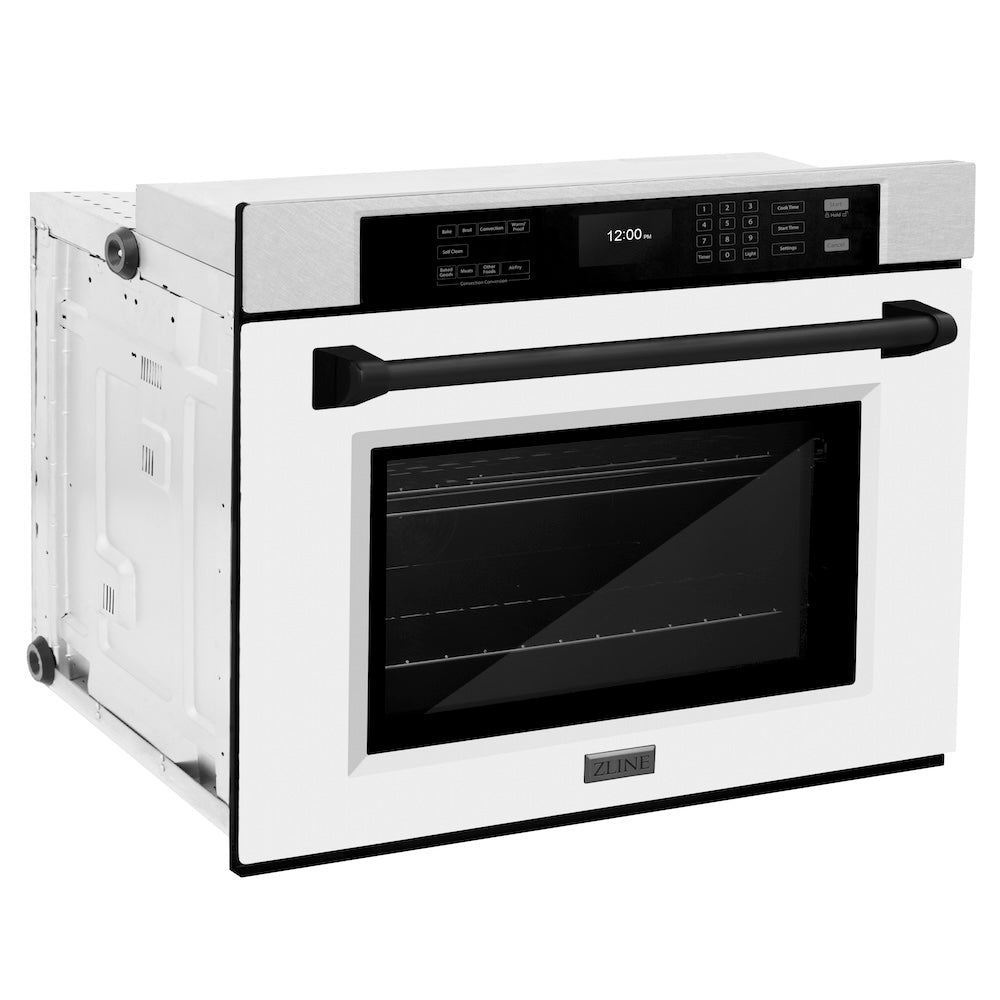 ZLINE Autograph Edition 30 in. Professional True Convection Single Wall Oven with Air Fry and Self Clean in DuraSnow® Stainless Steel with White Matte Door and Matte Black Handle (WASSZ-WM-30-MB) side.