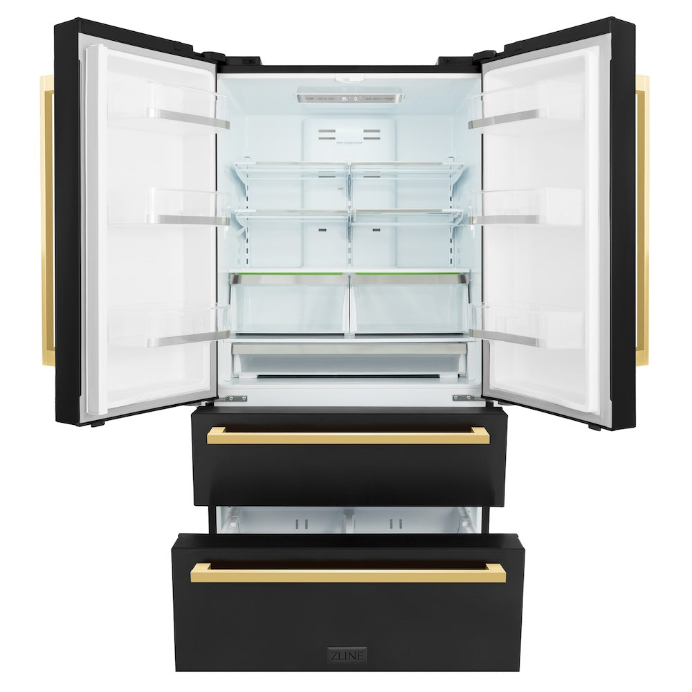 ZLINE Autograph Edition 36 in. French Door Refrigerator in Black Stainless Steel with Polished Gold Square Handles (RFMZ-36-BS-FG) front, doors closed.