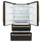 ZLINE Autograph Edition 36 in. 22.5 cu. ft 4-Door French Door Refrigerator with Ice Maker in Black Stainless Steel with Polished Gold Modern Handles (RFMZ-36-BS-FG) front, refrigeration compartment and bottom freezer open.