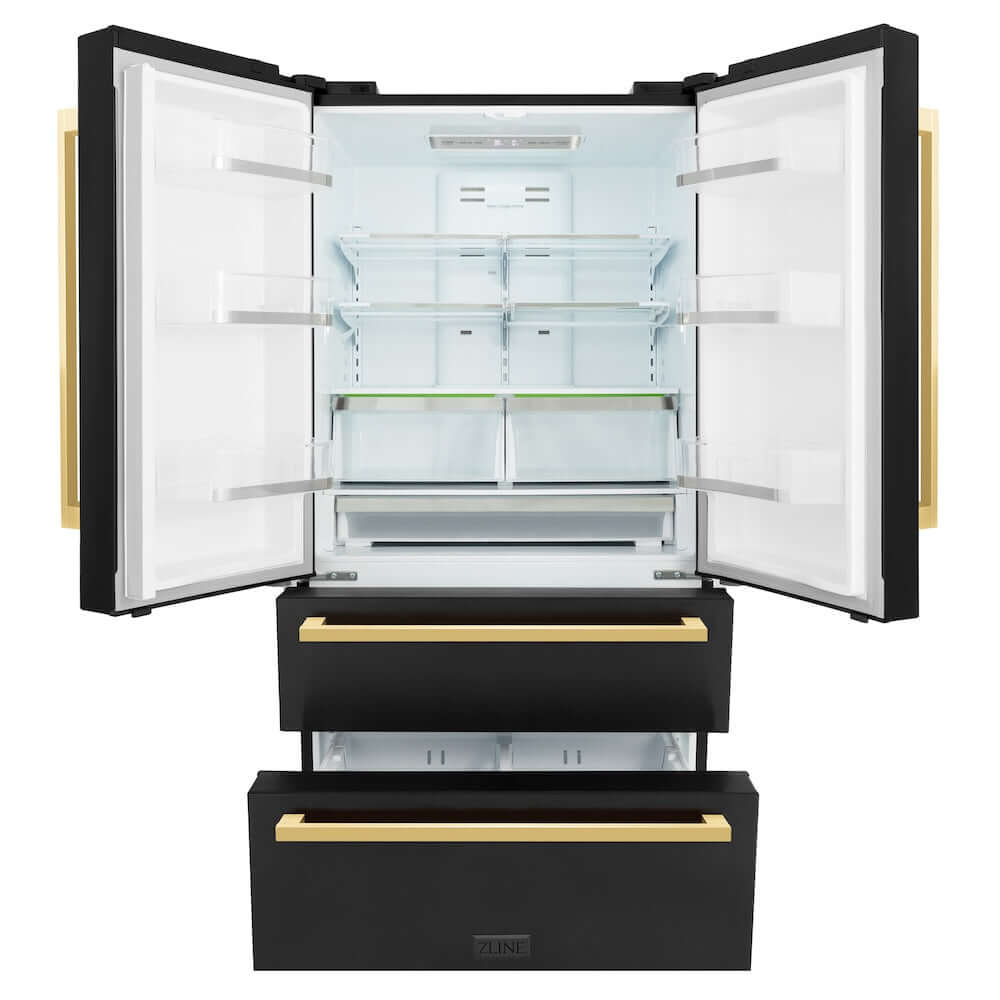 ZLINE Autograph Edition 36 in. 22.5 cu. ft 4-Door French Door Refrigerator with Ice Maker in Black Stainless Steel with Polished Gold Modern Handles (RFMZ-36-BS-FG) front, refrigeration compartment and bottom freezer open.