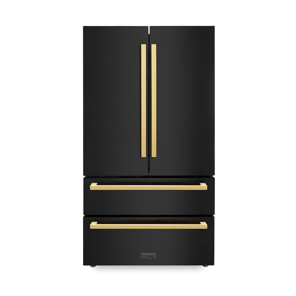 ZLINE Autograph Edition 36 in. French Door Refrigerator in Black Stainless Steel with Polished Gold Square Handles (RFMZ-36-BS-FG) front, doors closed.