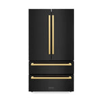 ZLINE Autograph Edition 36 in. 22.5 cu. ft 4-Door French Door Refrigerator with Ice Maker in Black Stainless Steel with Polished Gold Modern Handles (RFMZ-36-BS-FG) front, closed.