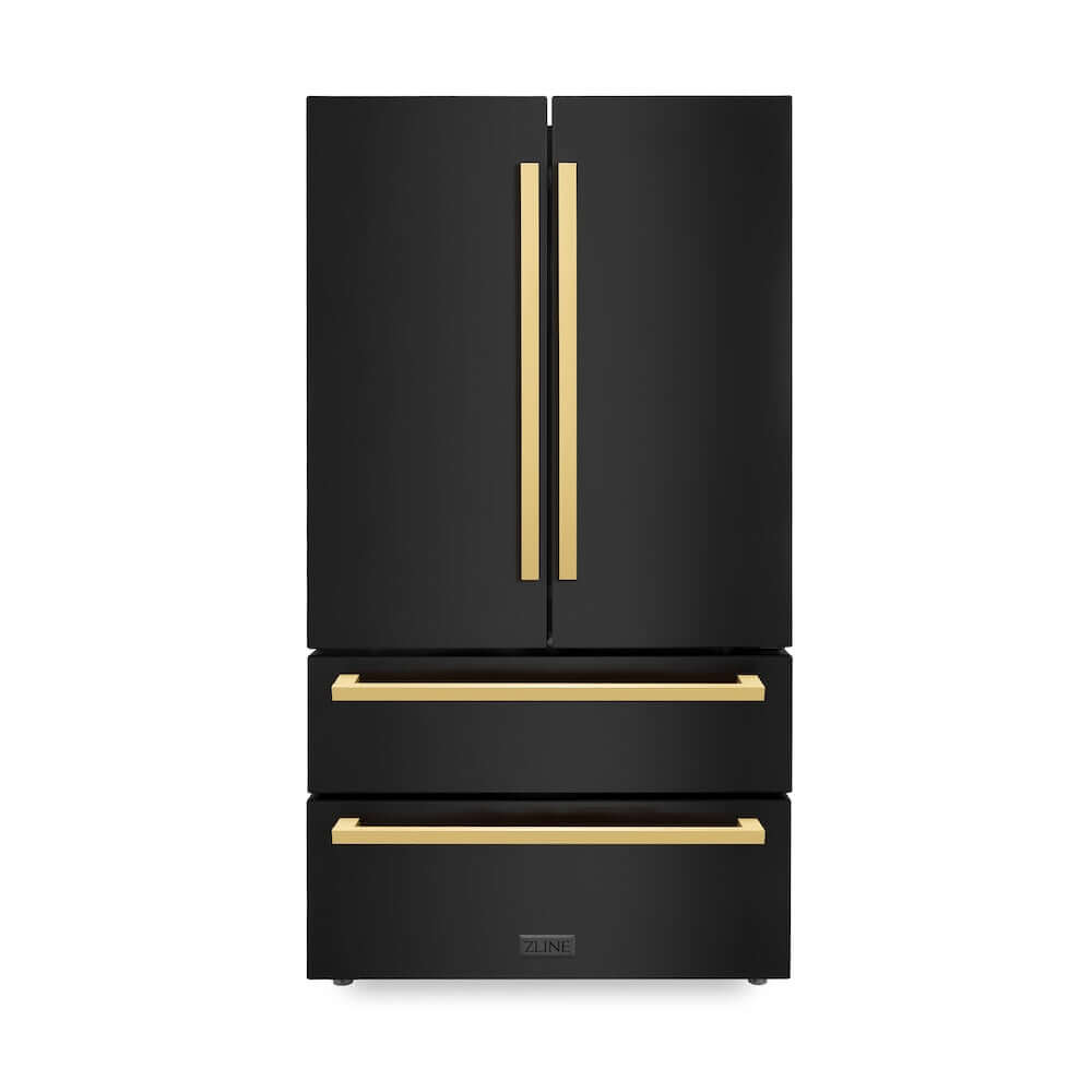 ZLINE Autograph Edition 36 in. 22.5 cu. ft 4-Door French Door Refrigerator with Ice Maker in Black Stainless Steel with Polished Gold Modern Handles (RFMZ-36-BS-FG) front, closed.