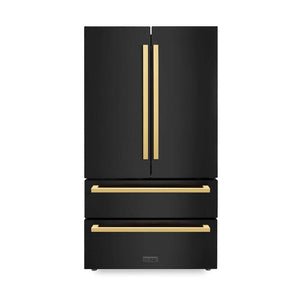 ZLINE Autograph Edition 36 in. 22.5 cu. ft. Counter-Depth French Door Refrigerator with Ice Maker in Fingerprint-Resistant Black Stainless Steel and Polished Gold Modern Handles (RFMZ-36-BS-FG) main image.