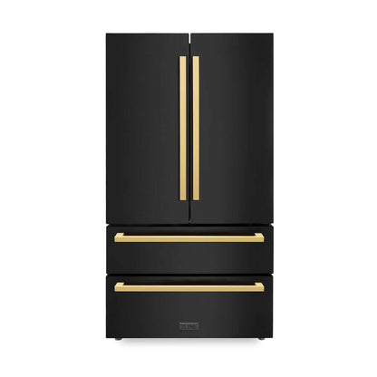 ZLINE Autograph Edition 36 in. 22.5 cu. ft 4-Door French Door Refrigerator with Ice Maker in Black Stainless Steel with Polished Gold Modern Handles (RFMZ-36-BS-FG) front, closed.