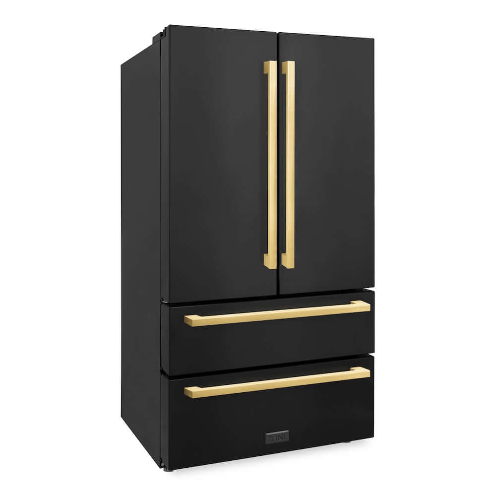 ZLINE Autograph Edition 36 in. 22.5 cu. ft 4-Door French Door Refrigerator with Ice Maker in Black Stainless Steel with Polished Gold Modern Handles (RFMZ-36-BS-FG) side, closed.