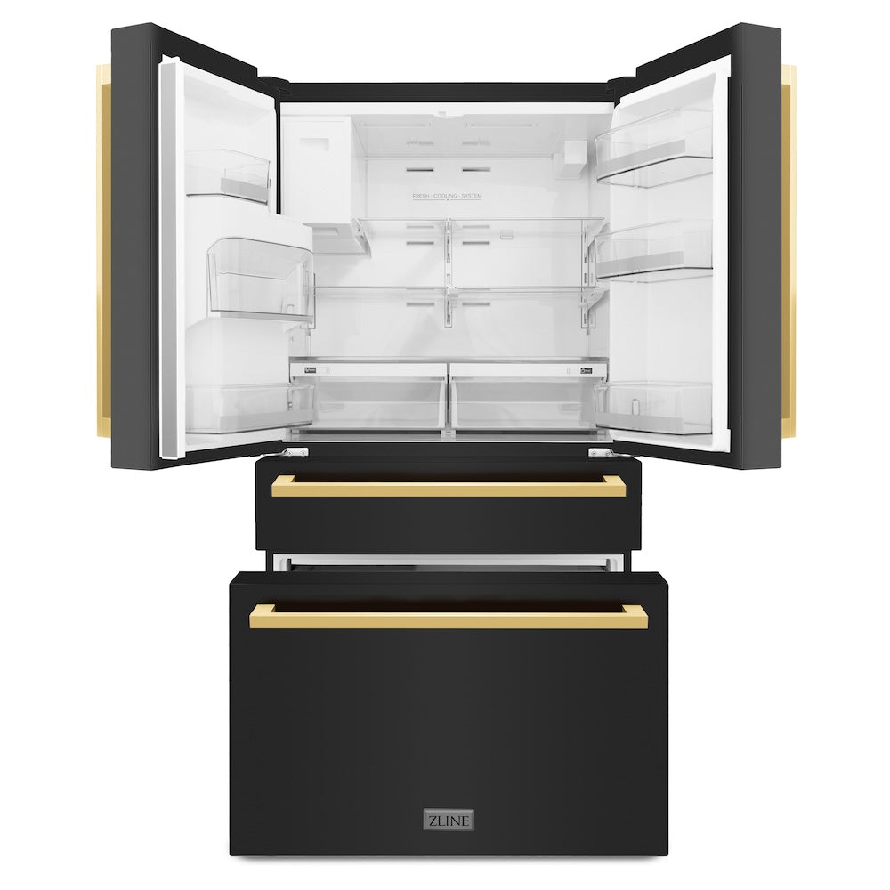 ZLINE Autograph Edition 36 in. French Door Refrigerator in Black Stainless Steel with External Water Dispenser and Polished Gold Square Handles (RFMZ-W-36-BS-FG) front, doors and bottom freezer drawers open.