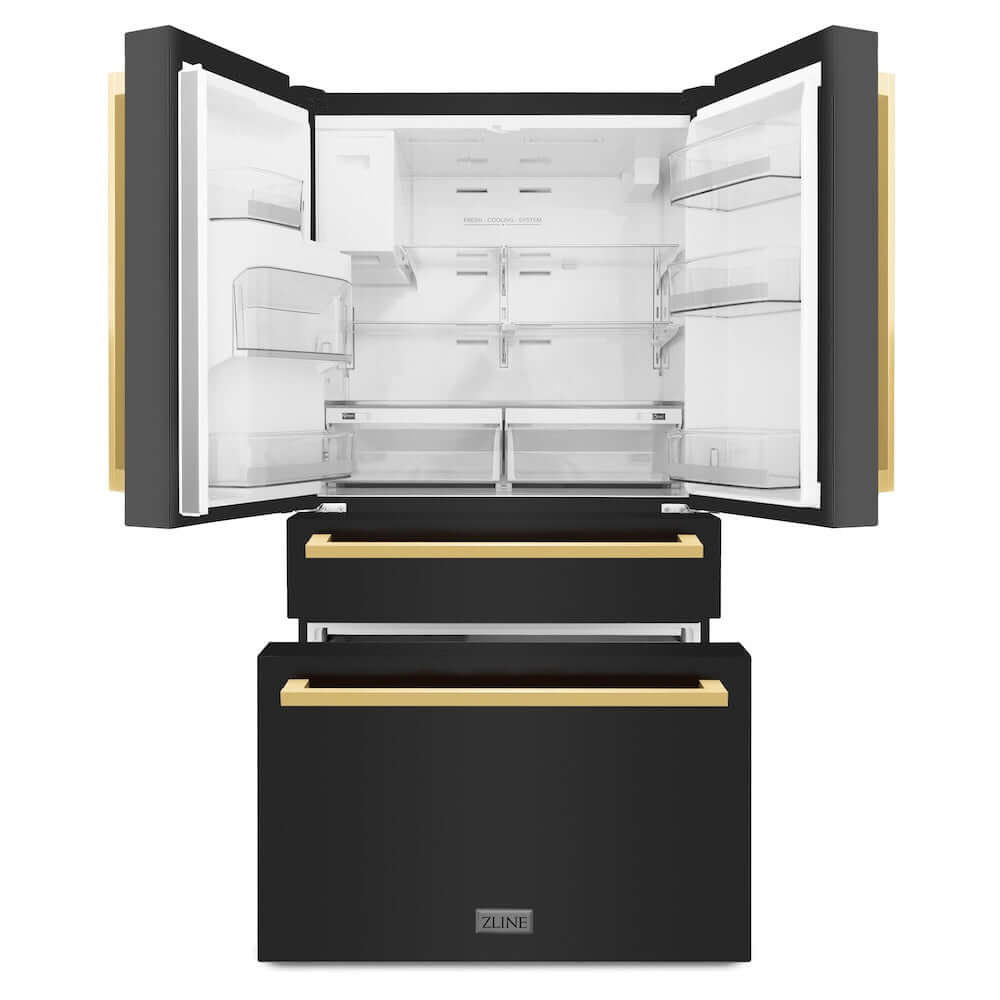 ZLINE Autograph Edition 36 in. 21.6 cu. ft. Counter-Depth French Door Refrigerator with Water and Ice Dispenser in Fingerprint-Resistant Black Stainless Steel with Polished Gold Modern Handles (RFMZ-W-36-BS-FG) front, refrigeration compartment and bottom freezer open.