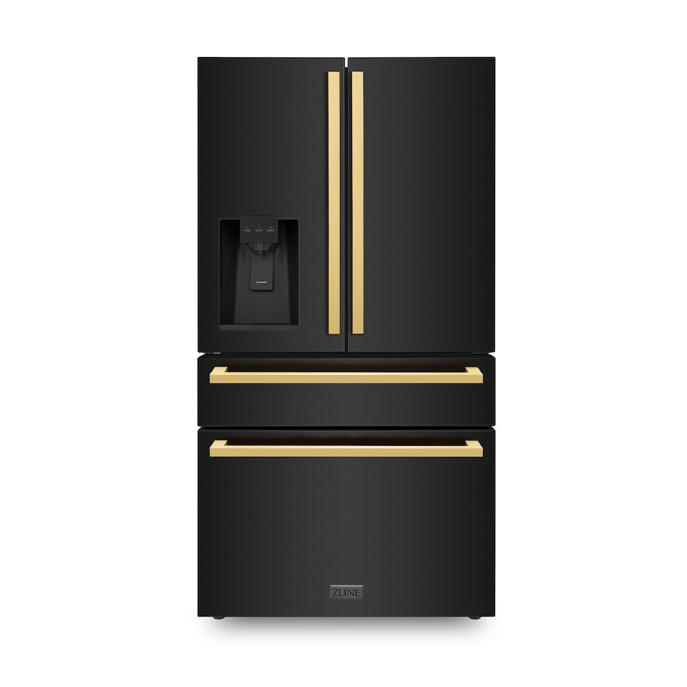 ZLINE Autograph Edition 36 in. French Door Refrigerator in Black Stainless Steel with External Water Dispenser and Polished Gold Square Handles (RFMZ-W-36-BS-FG) front, doors closed.