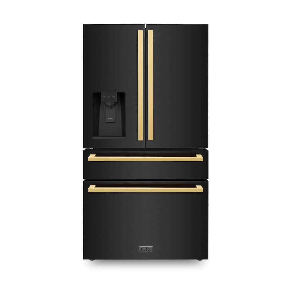 ZLINE Autograph Edition 36 in. 21.6 cu. ft. Counter-Depth French Door Refrigerator with Water and Ice Dispenser in Fingerprint-Resistant Black Stainless Steel with Polished Gold Modern Handles (RFMZ-W-36-BS-FG) main image.