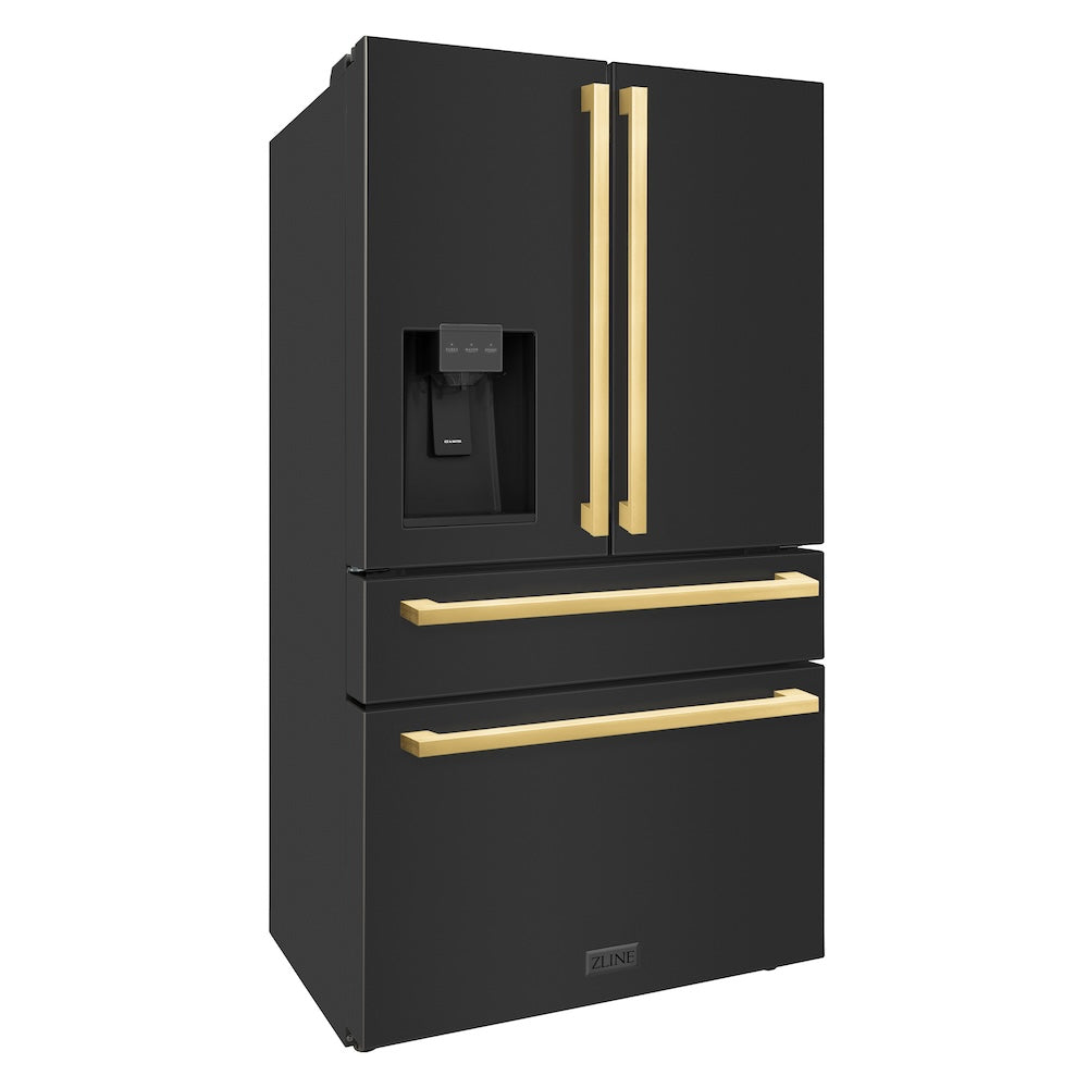 ZLINE Autograph Edition 36 in. French Door Refrigerator in Black Stainless Steel with External Water Dispenser and Polished Gold Square Handles (RFMZ-W-36-BS-FG) side, doors closed.