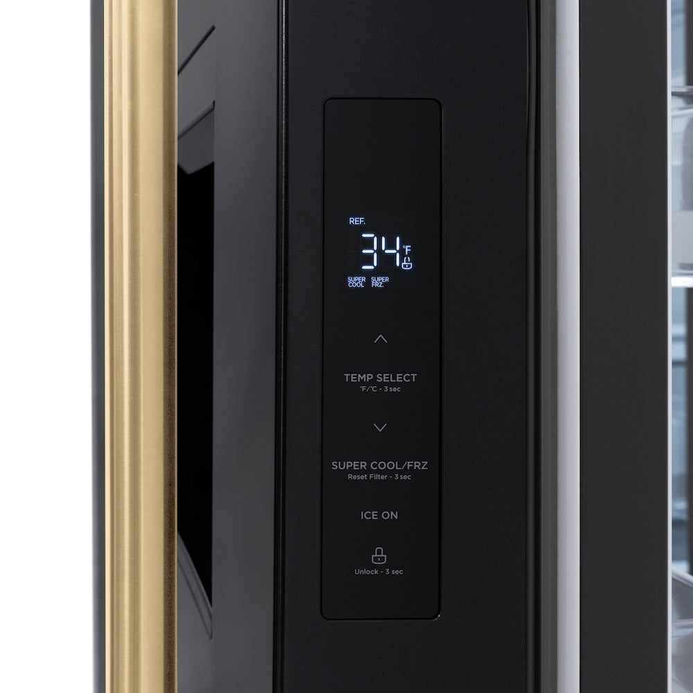 ZLINE Autograph Edition 36" Standard-Depth French Door Black Stainless Steel Refrigerator with Champagne Bronze accents (RSMZ-W-36-BS-CB) close up, Digital LED Display and Temperature Control.
