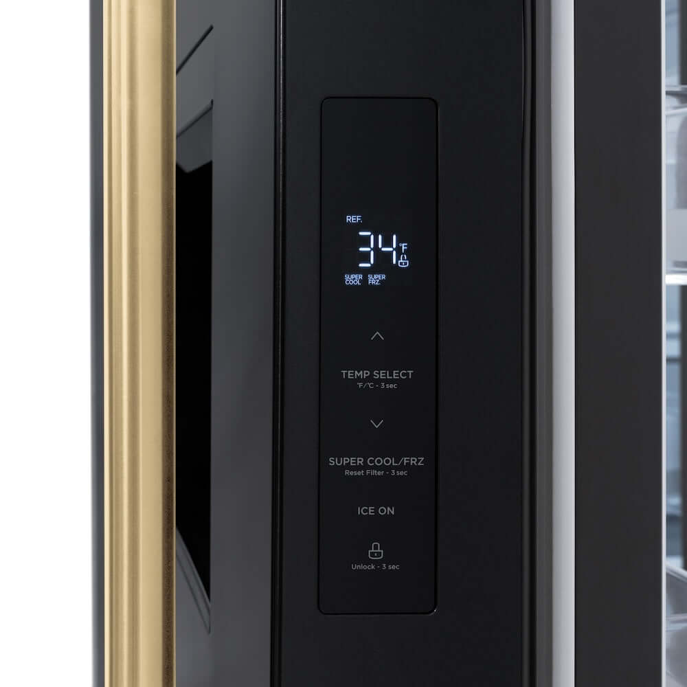 ZLINE Autograph Edition 36 in. 28.9 cu. ft. Standard-Depth French Door External Water Dispenser Refrigerator with Dual Ice Maker in Black Stainless Steel and Champagne Bronze Traditional Handles (RSMZ-W-36-BS-CB)