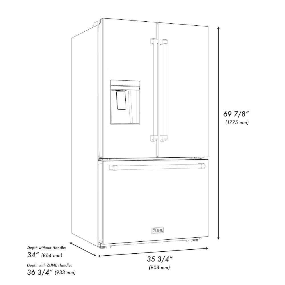 ZLINE Autograph Edition 36 in. 28.9 cu. ft. Standard-Depth French Door External Water Dispenser Refrigerator with Dual Ice Maker in Black Stainless Steel and Champagne Bronze Handles (RSMZ-W-36-BS-CB) dimensional diagram with measurements.