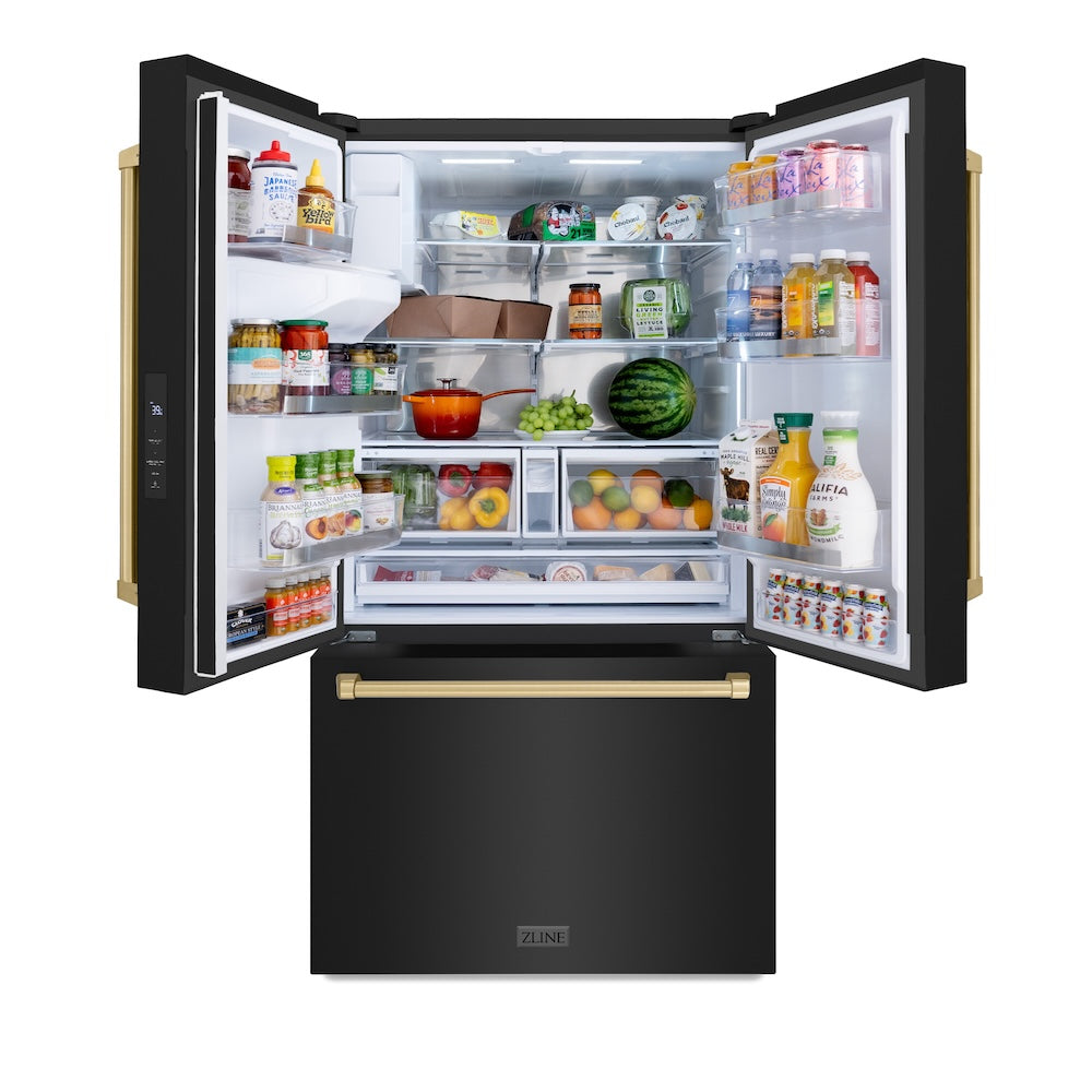 ZLINE Autograph Edition 36 in. 28.9 cu. ft. Standard-Depth French Door External Water Dispenser Refrigerator with Dual Ice Maker in Black Stainless Steel and Champagne Bronze Handles (RSMZ-W-36-BS-CB) front, open with food inside refrigeration compartment.