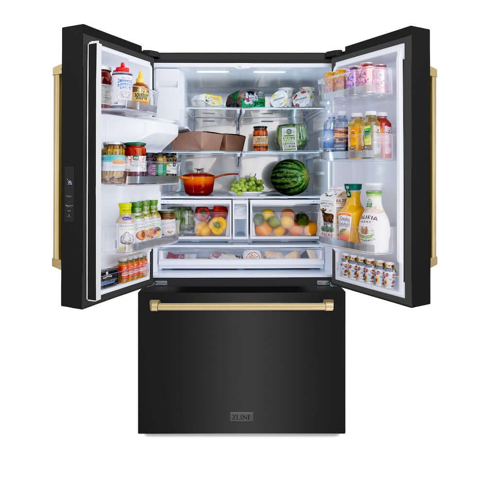 ZLINE Autograph Edition 36 in. 28.9 cu. ft. Standard-Depth French Door External Water Dispenser Refrigerator with Dual Ice Maker in Black Stainless Steel and Champagne Bronze Handles (RSMZ-W-36-BS-CB) front, refrigeration compartment open with food inside.