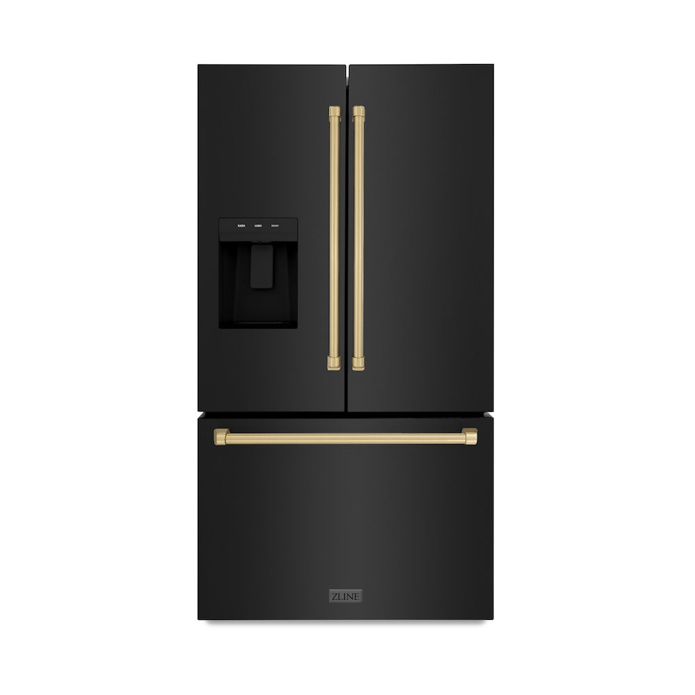 ZLINE Autograph Edition 36 in. 28.9 cu. ft. Standard-Depth French Door External Water Dispenser Refrigerator with Dual Ice Maker in Black Stainless Steel and Champagne Bronze Handles (RSMZ-W-36-BS-CB) front, closed.