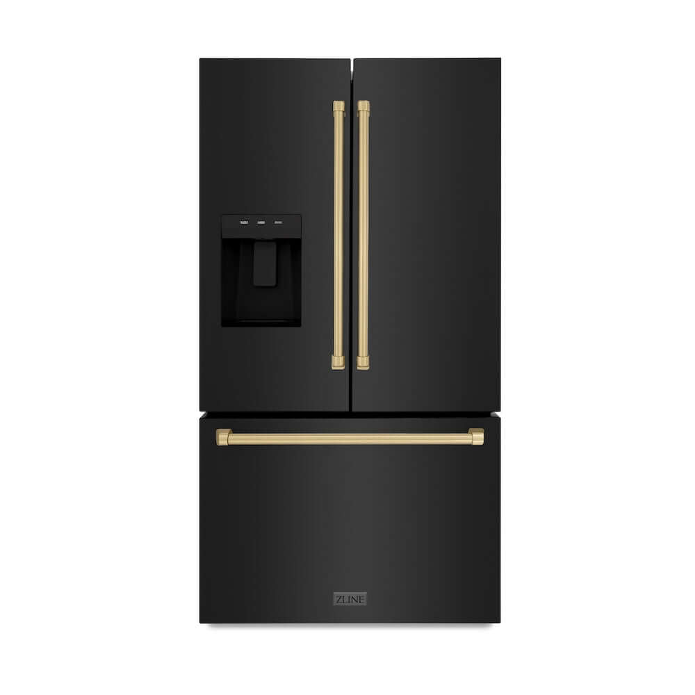 ZLINE Autograph Edition 36 in. 28.9 cu. ft. Standard-Depth French Door External Water Dispenser Refrigerator with Dual Ice Maker in Black Stainless Steel and Champagne Bronze Handles (RSMZ-W-36-BS-CB) front, closed.