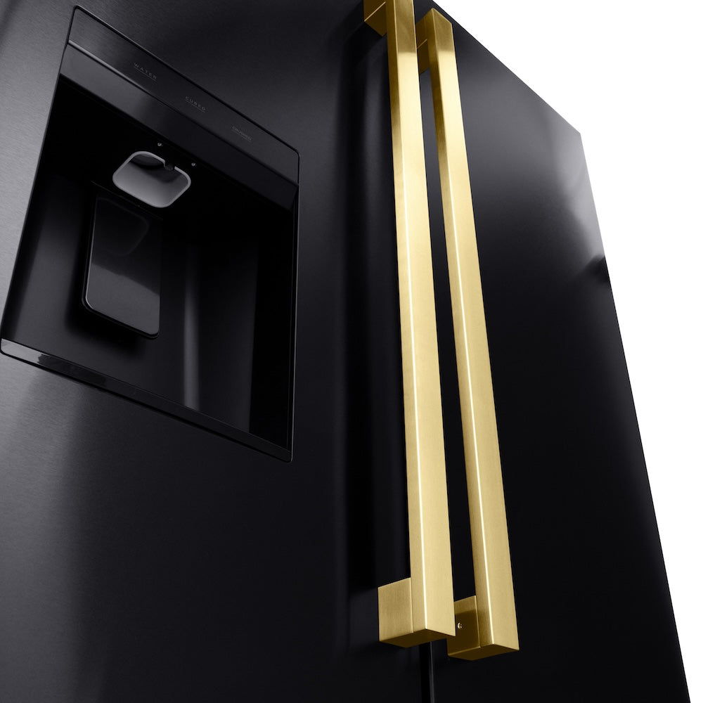 ZLINE Autograph Edition 36 in. 28.9 cu. ft. Standard-Depth French Door External Water Dispenser Refrigerator with Dual Ice Maker in Black Stainless Steel and Polished Gold Square Handles (RSMZ-W-36-BS-FG) close-up handles on refrigeration compartment French doors.