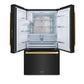 ZLINE Autograph Edition 36 in. 28.9 cu. ft. Standard-Depth French Door External Water Dispenser Refrigerator with Dual Ice Maker in Black Stainless Steel and Polished Gold Modern Handles (RSMZ-W-36-BS-FG) front, open, empty.