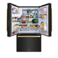 ZLINE Autograph Edition 36 in. 28.9 cu. ft. Standard-Depth French Door External Water Dispenser Refrigerator with Dual Ice Maker in Fingerprint-Resistant Black Stainless Steel and Polished Gold Modern Handles (RSMZ-W-36-BS-FG) front, open, with food inside refrigeration compartment.