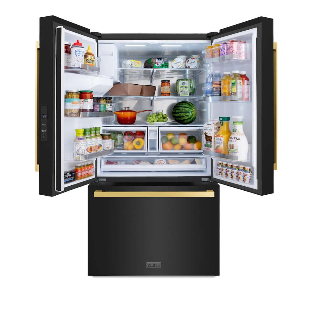ZLINE Autograph Edition 36 in. 28.9 cu. ft. Standard-Depth French Door External Water Dispenser Refrigerator with Dual Ice Maker in Fingerprint-Resistant Black Stainless Steel and Polished Gold Modern Handles (RSMZ-W-36-BS-FG) front, open, with food inside refrigeration compartment.