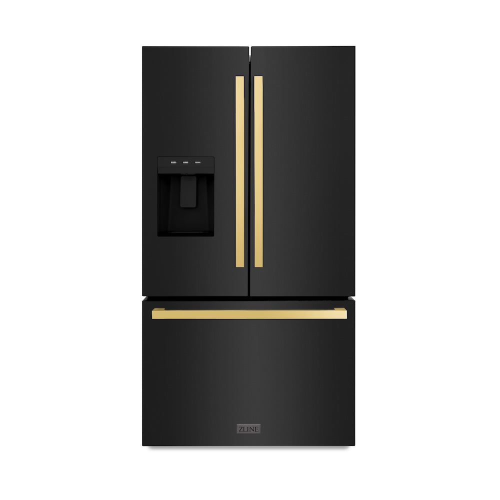 ZLINE Autograph Edition 36 in. 28.9 cu. ft. Standard-Depth French Door External Water Dispenser Refrigerator with Dual Ice Maker in Black Stainless Steel and Polished Gold Square Handles (RSMZ-W-36-BS-FG) front, closed.