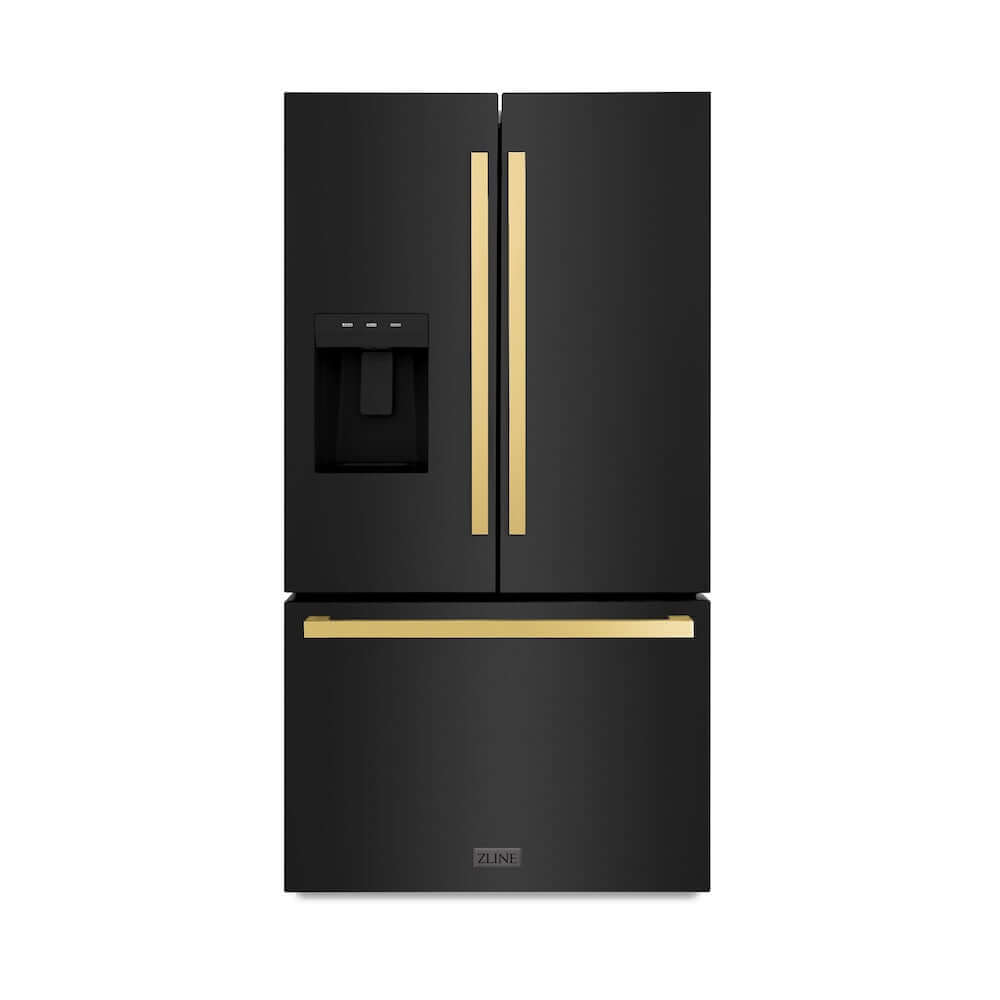 ZLINE Autograph Edition 36 in. 28.9 cu. ft. Standard-Depth French Door External Water Dispenser Refrigerator with Dual Ice Maker in Fingerprint-Resistant Black Stainless Steel and Polished Gold Modern Handles (RSMZ-W-36-BS-FG) main image.