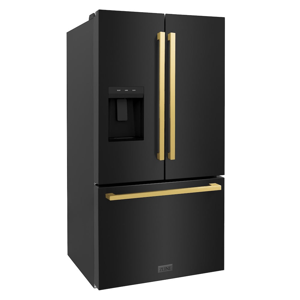 ZLINE Autograph Edition 36 in. 28.9 cu. ft. Standard-Depth French Door External Water Dispenser Refrigerator with Dual Ice Maker in Black Stainless Steel and Polished Gold Square Handles (RSMZ-W-36-BS-FG) side, closed.